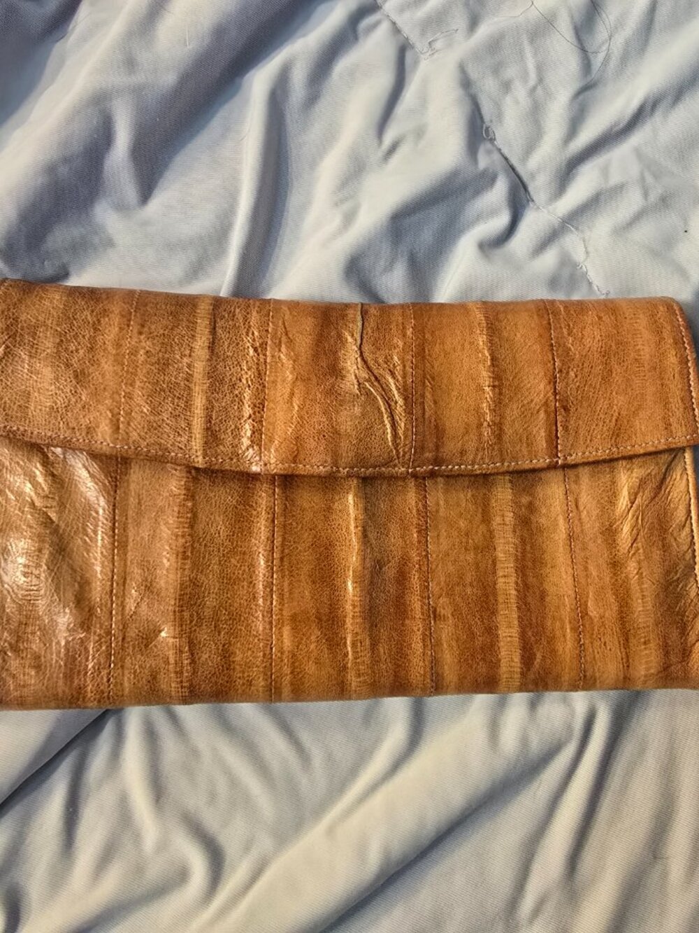 Vintage Genuine Eel Skin Trifold Checkbook Wallet Organizer Clutch – Tan / Honey